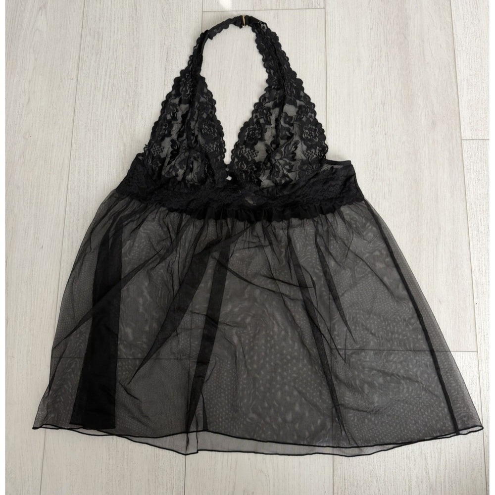 Victoria's Secret Sexy Halter Babydoll Lingerie Sz XL Black Lace Mesh